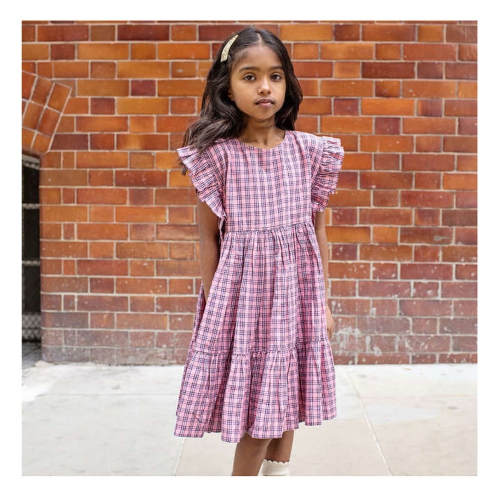 PINK CHICKEN Girls Kit Dress, Pink And Navy Plaid | 3Y